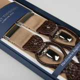 Albert Thurston Gold Nylon Brown Leather 35mm Braces, displayed in an open navy box labeled "Handmade in England.