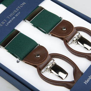 Dark green Green Nylon Elastic 35mm braces with brown leather and silver clips displayed on a blue box branded "Albert Thurston London".