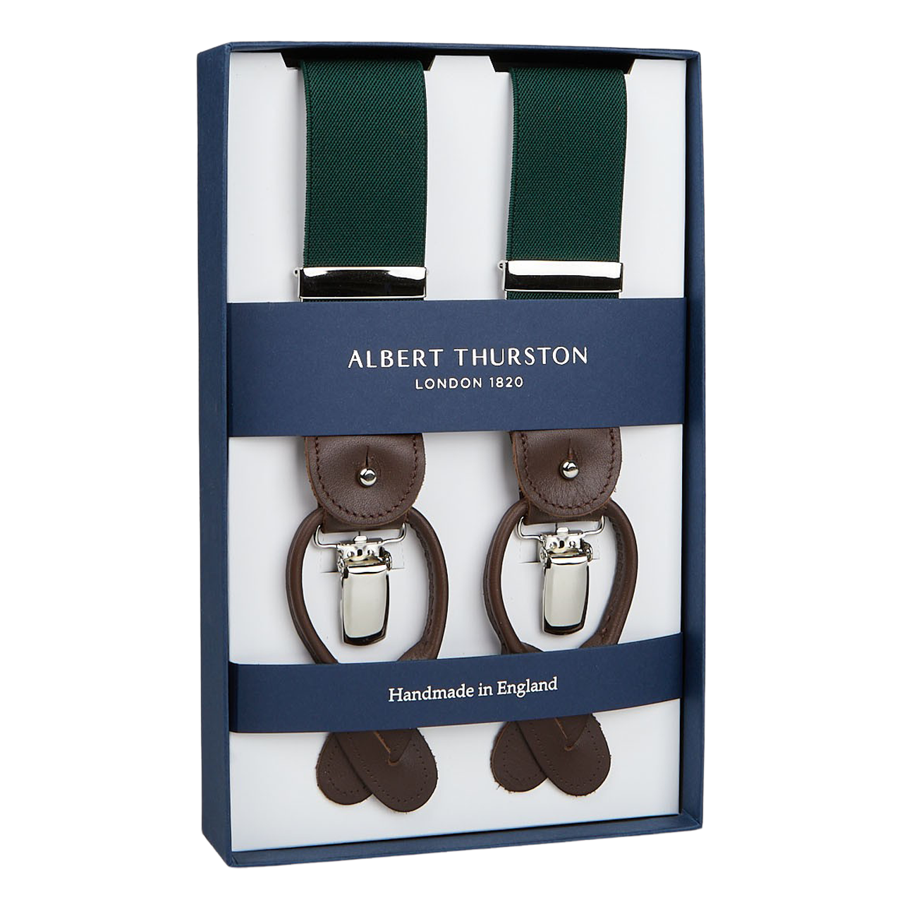 Albert Thurston Green Nylon Elastic 35mm braces in a presentation box.