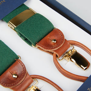 Albert Thurston's handmade Green Wool Boxcloth 35mm Braces with brown leather details in a box.