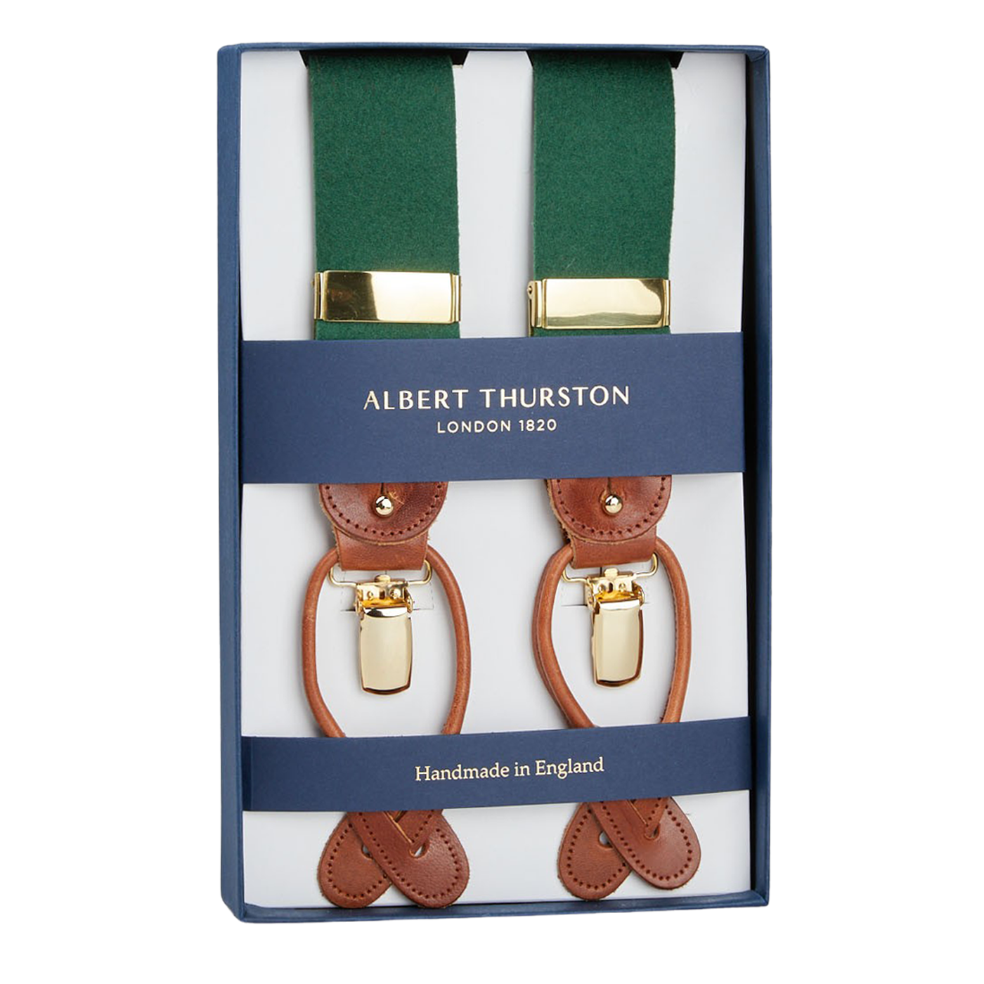 Albert Thurston Green Wool Boxcloth 35mm Braces, featuring brown leather details and handmade craftsmanship.