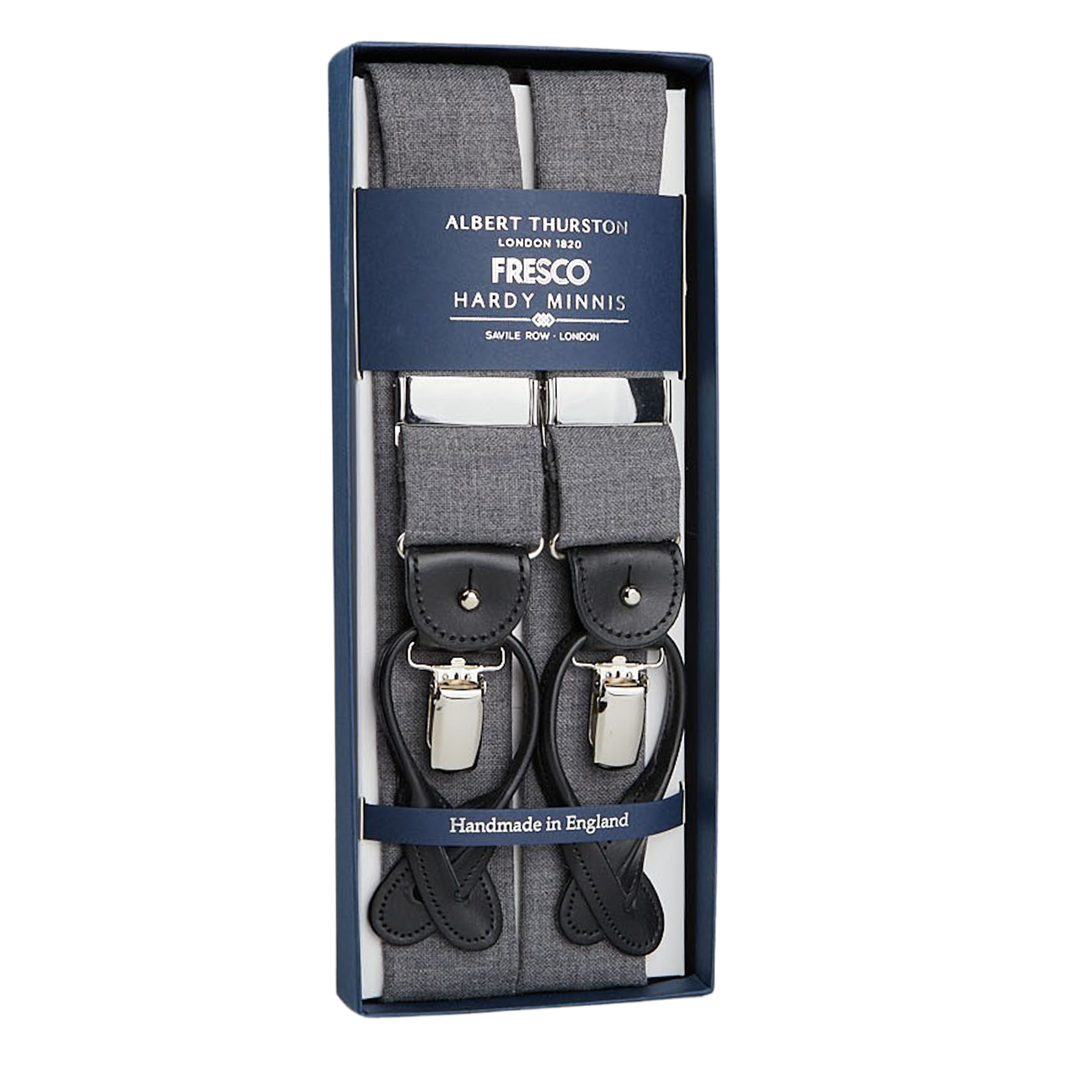 Gray wool suspenders with leather accents by Albert Thurston in a blue gift box, labeled "Handmade in England" using Hardy Minnis grey fresco fabric.