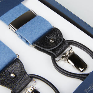 A pair of Light Blue Wool Boxcloth 35mm Braces by Albert Thurston in a leather box.