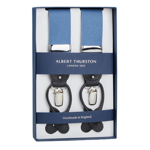 A pair of Light Blue Wool Boxcloth 35mm Albert Thurston braces in a box.