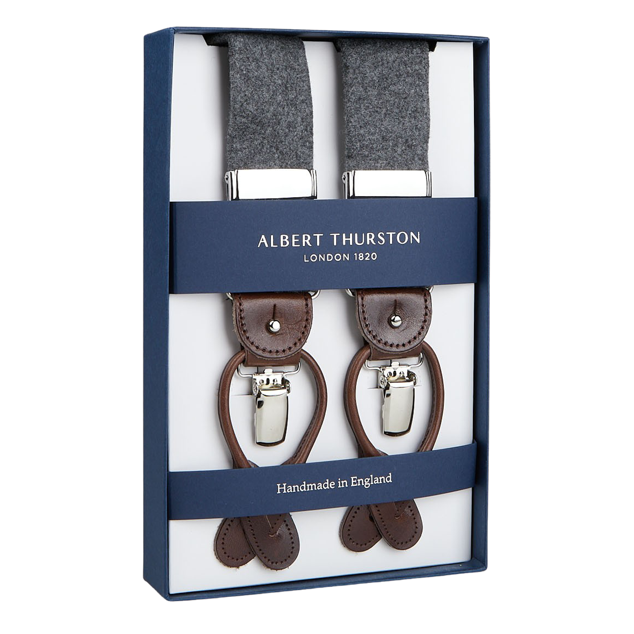 A pair of handmade Albert Thurston Light Grey Wool Flannel 35 mm Braces displayed in an open box.