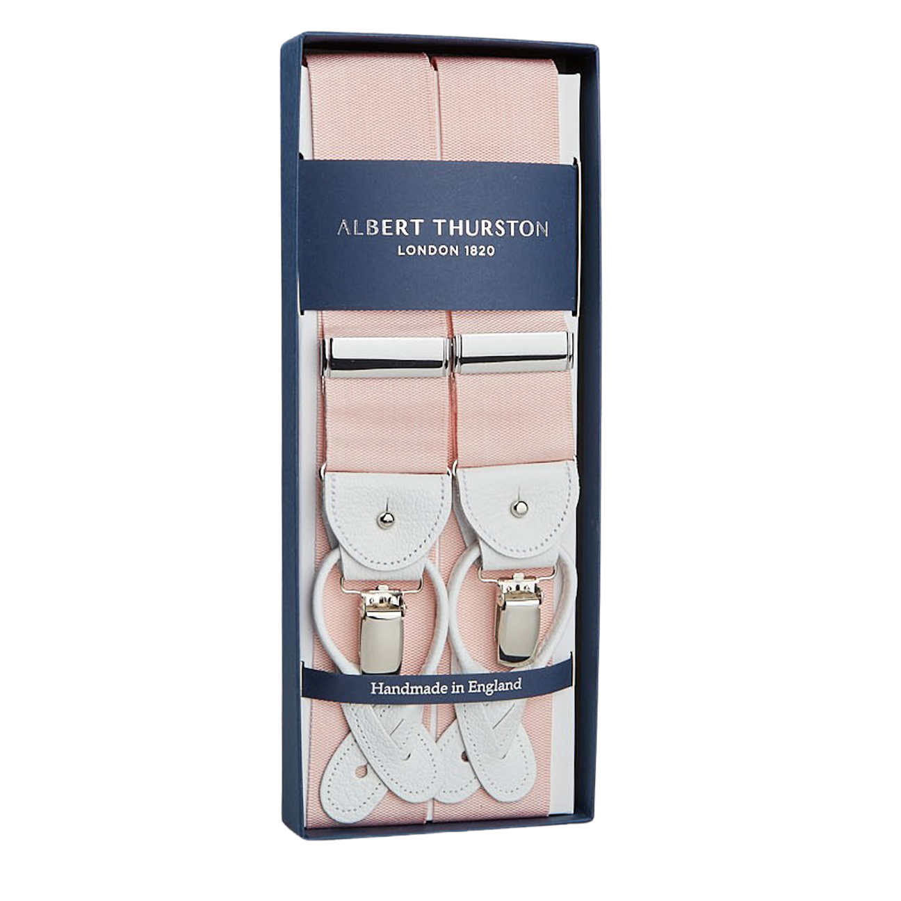 Light Pink Albert Thurston suspenders, crafted from stretchable nylon fabric, in a blue gift box labeled "Handmade in England.
