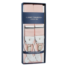 Light Pink Albert Thurston suspenders, crafted from stretchable nylon fabric, in a blue gift box labeled "Handmade in England.