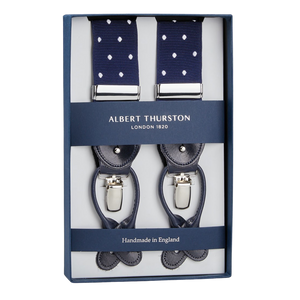 A pair of Navy Blue Cotton White Dots 40mm Albert Thurston braces in a box.
