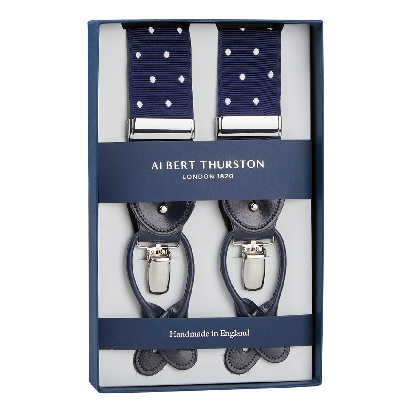 A pair of Navy Blue Cotton White Dots 40mm Albert Thurston braces in a box.