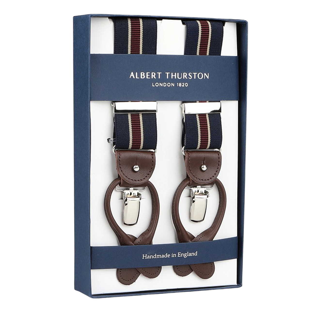 Albert Thurston's boxed handmade braces, labeled as Navy Burgundy Striped Nylon Elastic 35mm Braces, showcase a navy blue-burgundy pattern with brown leather and silver clips, proudly crafted in England.