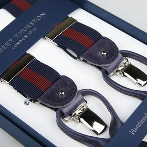 Two Albert Thurston Navy Burgundy Striped Nylon Leather 35 mm Braces with clamps, displayed in an open box.