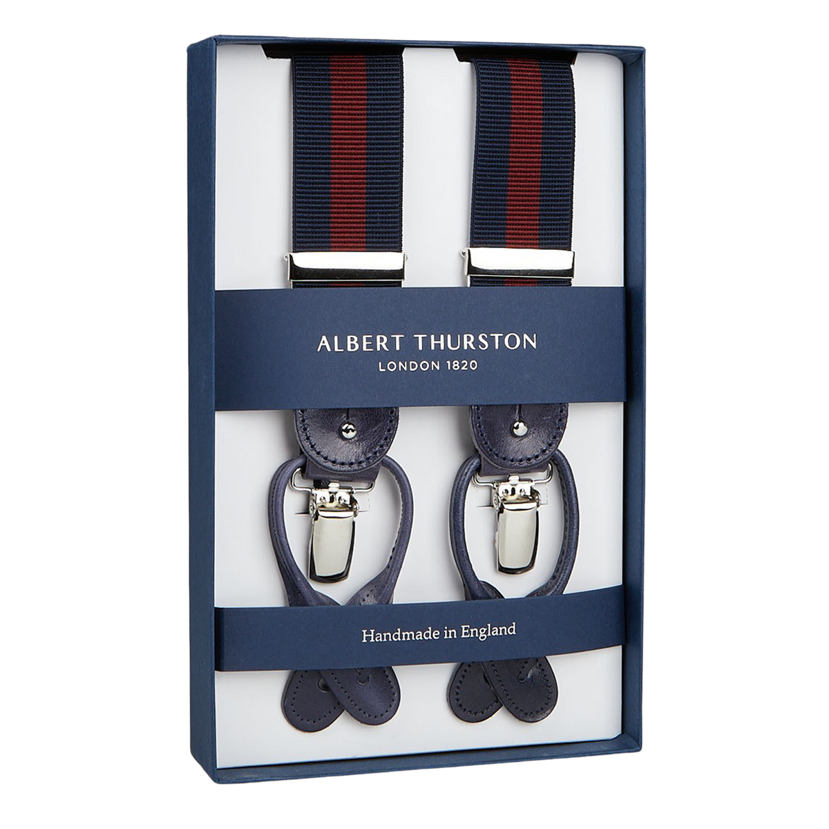 A pair of Albert Thurston Navy Burgundy Striped Nylon Leather 35 mm Braces, displayed in a box, indicating they are handmade in England.