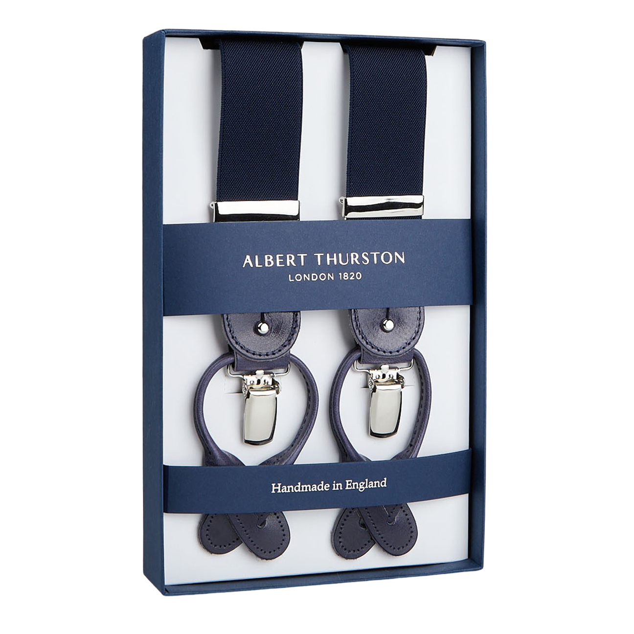 A pair of Albert Thurston Navy Elastic Nylon 35 mm Braces packaged in a box, indicating they are handmade in England.