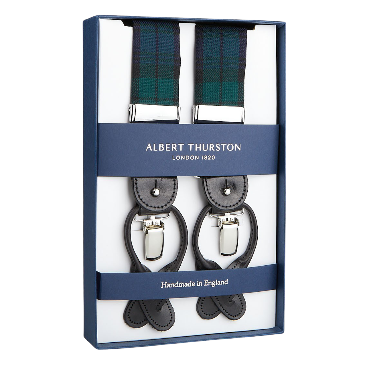 A boxed pair of Albert Thurston Navy Green Wool Black Watch 35 mm braces with leather fittings, advertised as handmade in England.