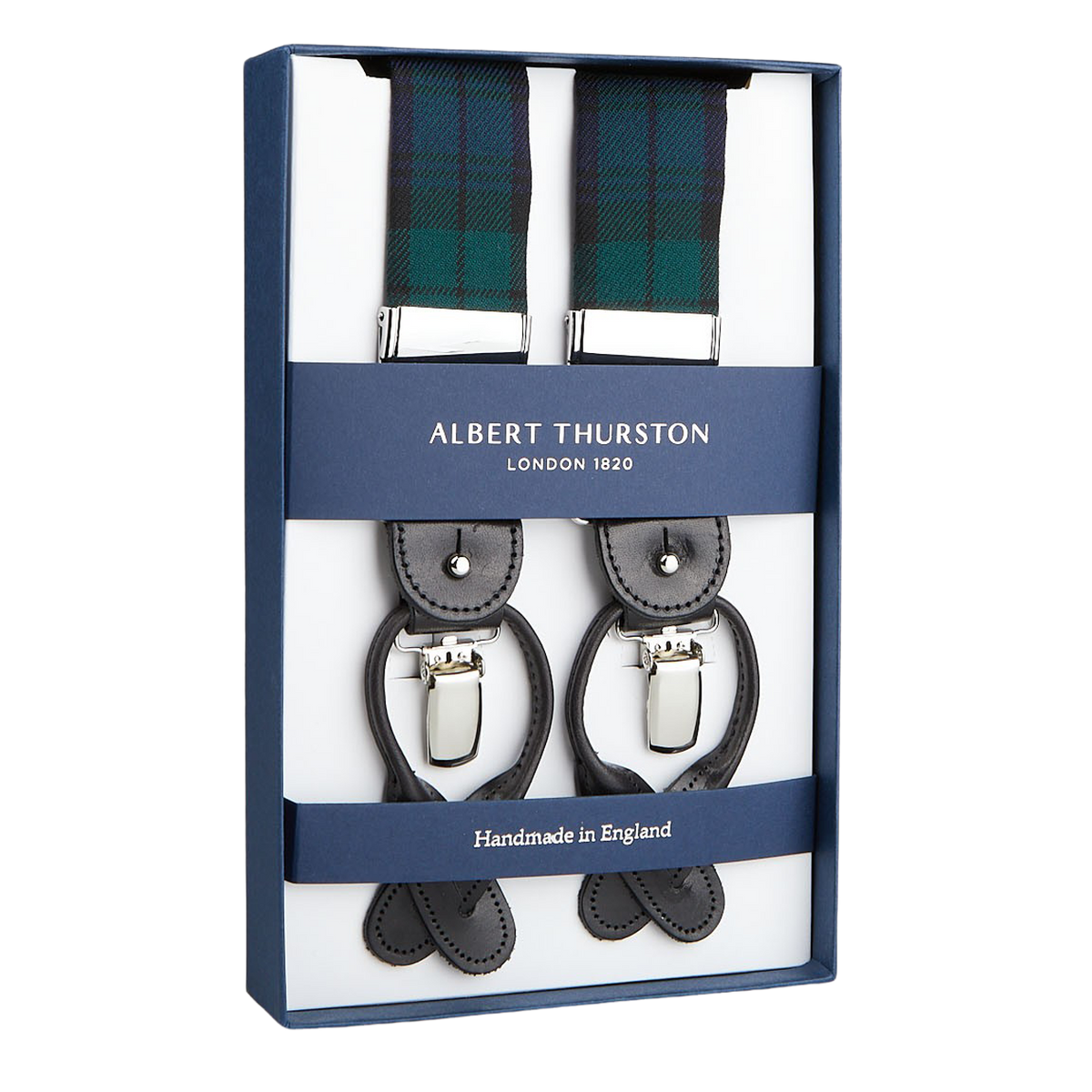 A boxed pair of Albert Thurston Navy Green Wool Black Watch 35 mm braces with leather fittings, advertised as handmade in England.