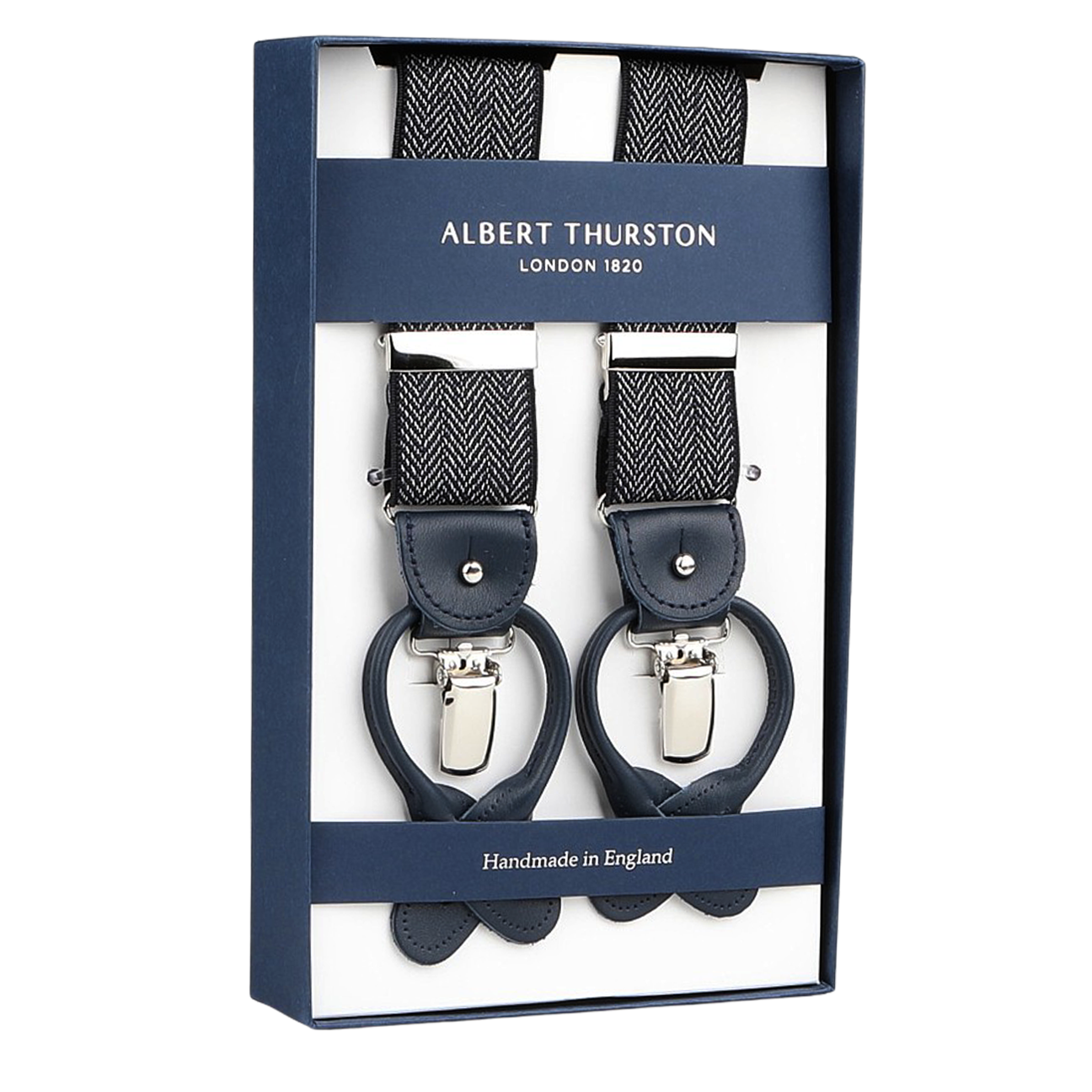 A set of Albert Thurston Navy Blue Herringbone Nylon Elastic 38mm Braces, featuring two handmade braces with leather loops and metal clips, labeled "Handmade in England.