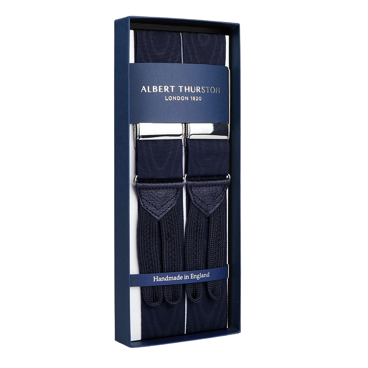 Elegant Navy James Bond Moiré 38 mm Albert Thurston suspenders, handmade in England, presented in a sophisticated box.