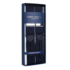 Elegant Navy James Bond Moiré 38 mm Albert Thurston suspenders, handmade in England, presented in a sophisticated box.