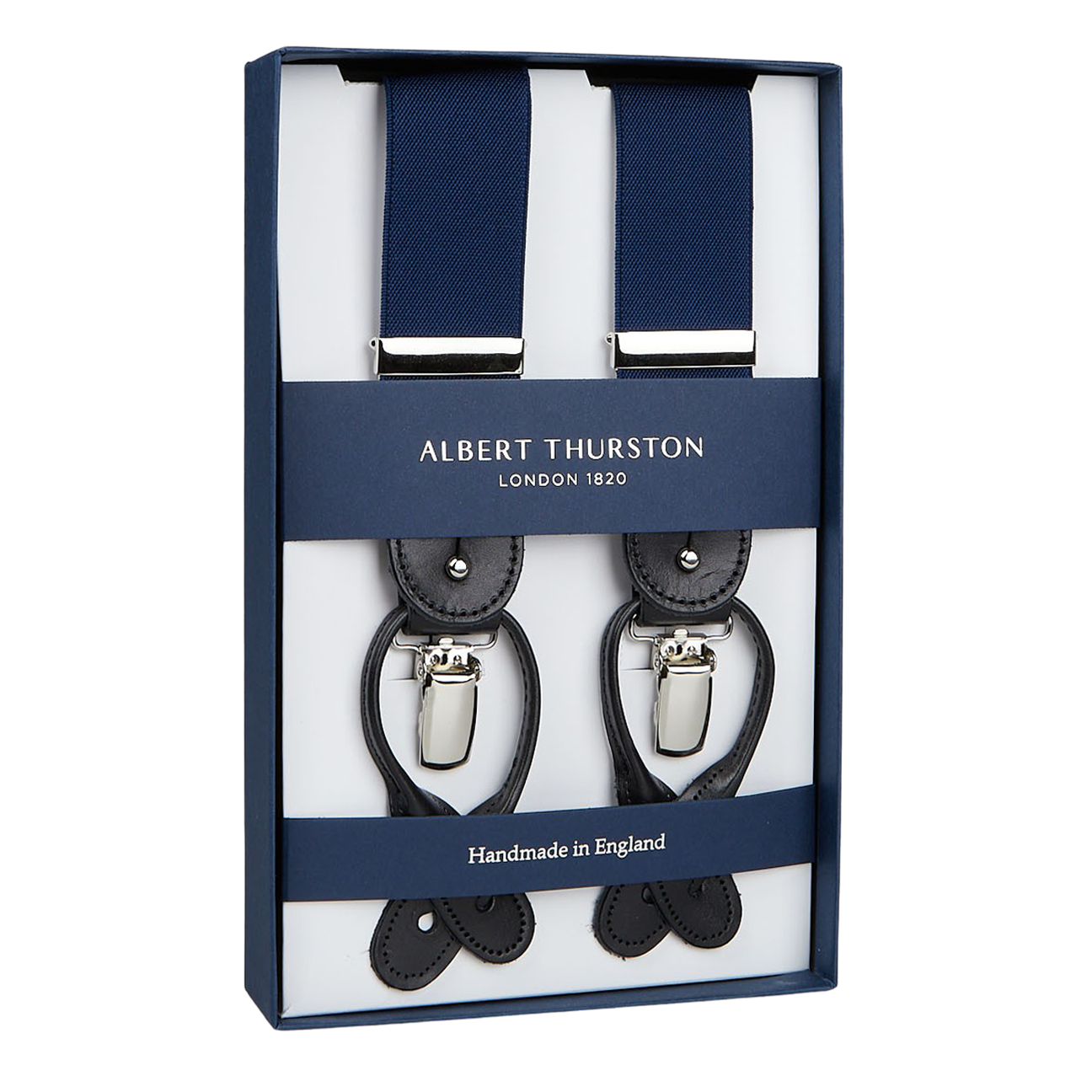 A pair of navy stretchable nylon Albert Thurston braces displayed in a box, indicating they are handmade in England.