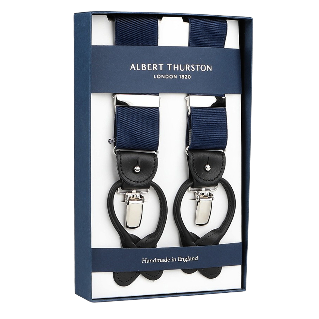 Albert Thurston's boxed set features Navy Nylon Black Leather 35 mm Braces with stretchable navy nylon, black leather straps, and silver clips, elegantly labeled "Handmade in England.