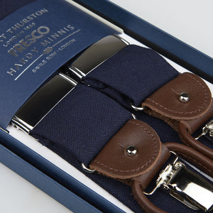 Navy Wool Fresco Leather 35 mm Braces by Albert Thurston, presented in a blue box with "Albert Thurston London" branding.