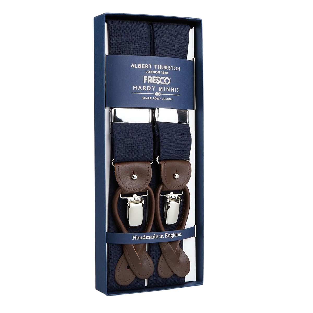 A pair of Albert Thurston Navy Wool Fresco Leather 35 mm Braces, presented in a package, with the label "handmade in England".