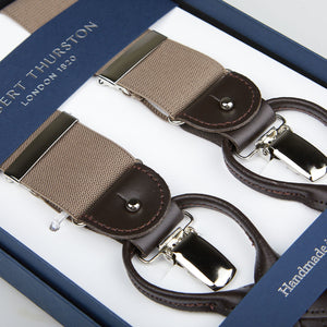 Luxury Albert Thurston Nougat Brown Nylon Elastic 35mm braces with silver clips and brown leather details presented in an open gift box marked "handmade.