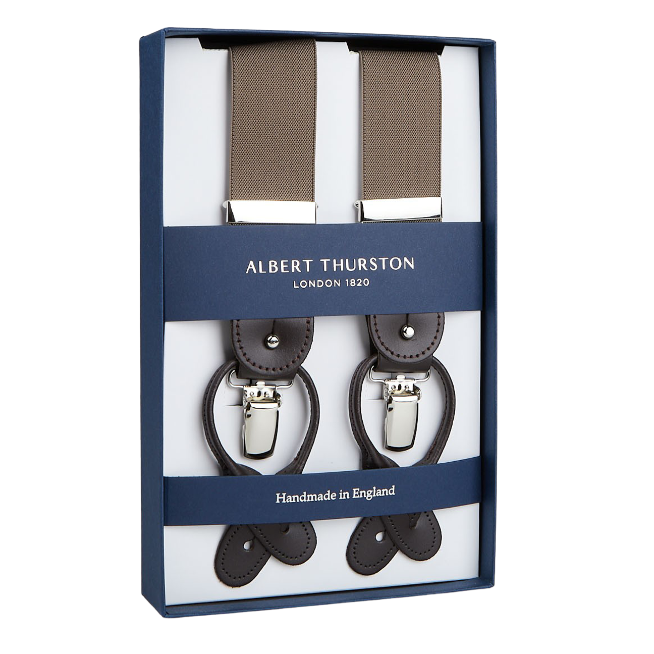 Pair of handmade Albert Thurston Nougat Brown Nylon Elastic 35mm Braces with brown leather details, presented in a gift box.