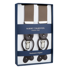 Pair of handmade Albert Thurston Nougat Brown Nylon Elastic 35mm Braces with brown leather details, presented in a gift box.
