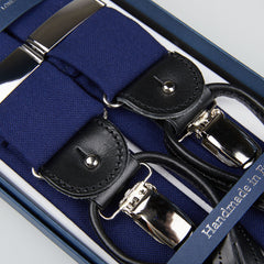 Handmade Royal Blue Wool Fresco Leather 35 mm Albert Thurston Braces in a box.