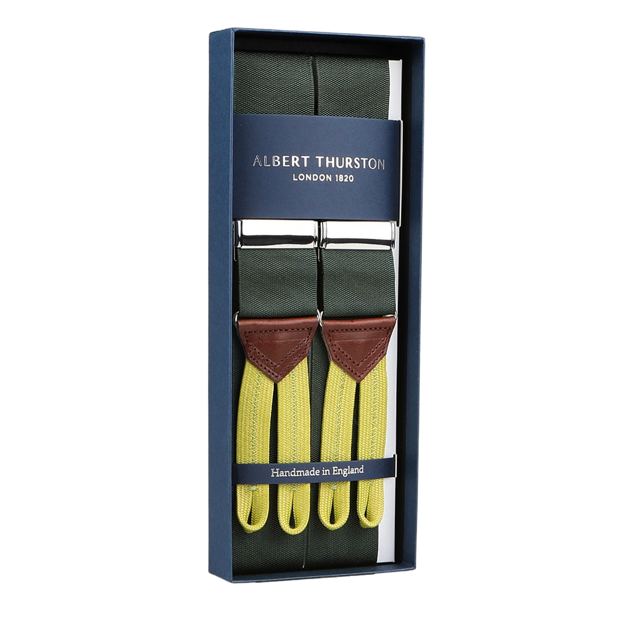 Albert Thurston's Tartan Green Nylon Barathea 40mm Braces, boxed set features tartan green nylon with brown leather accents and yellow straps.