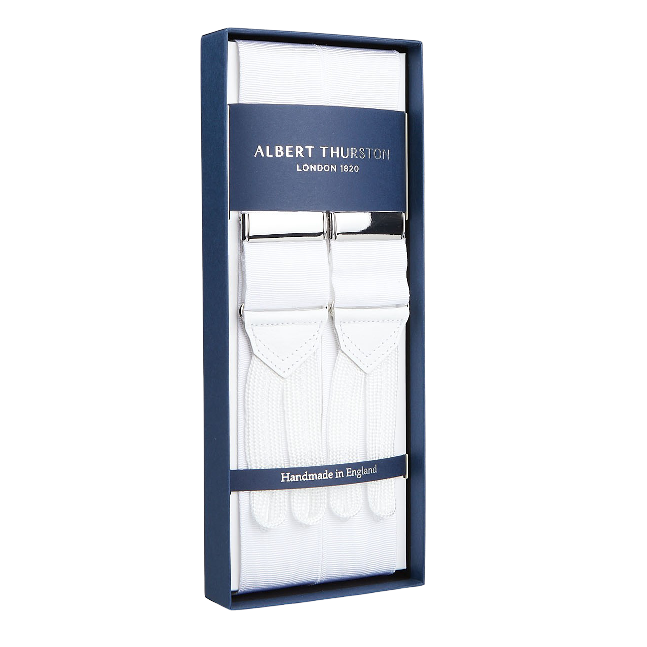 Elegant White James Bond Moiré 38 mm Braces by Albert Thurston, a black-tie accessory displayed in an open gift box.