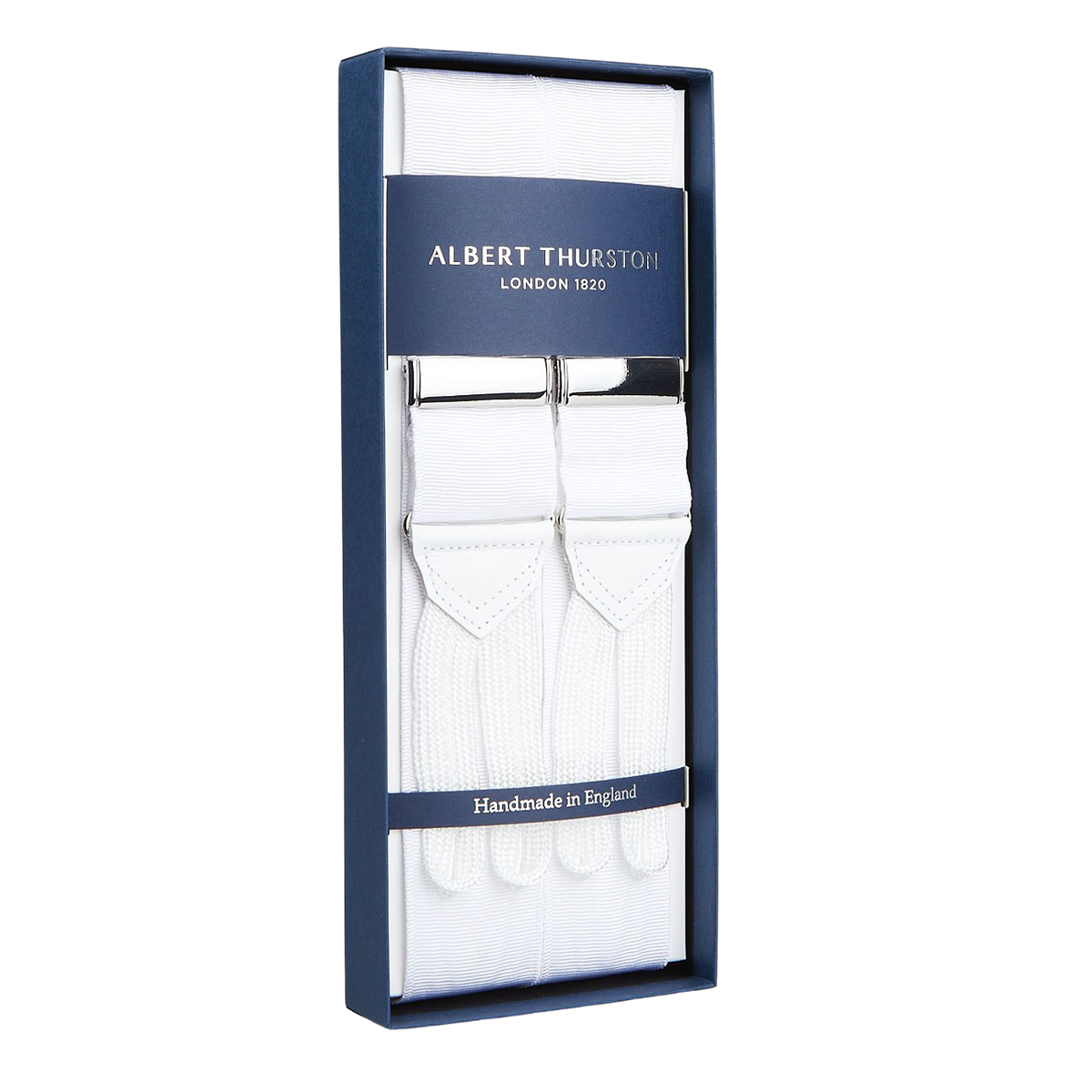Elegant White James Bond Moiré 38 mm Braces by Albert Thurston, a black-tie accessory displayed in an open gift box.