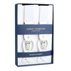 Albert Thurston White Nylon Elastic 35mm Braces displayed in a presentation box with white leather details.
