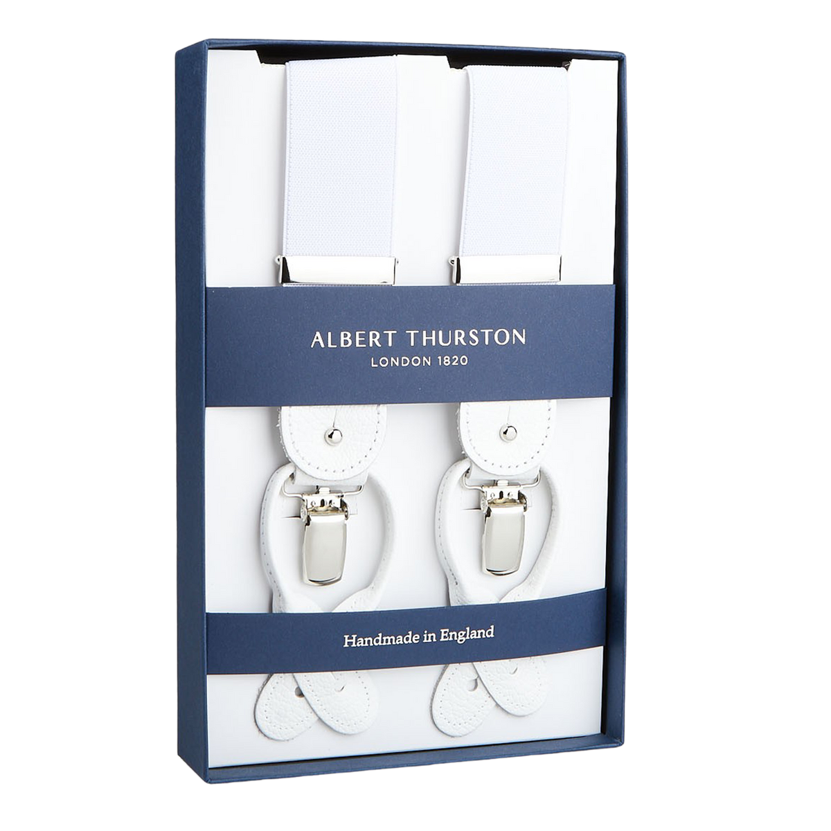 Albert Thurston White Nylon Elastic 35mm Braces displayed in a presentation box with white leather details.