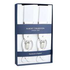 Albert Thurston White Nylon Elastic 35mm Braces displayed in a presentation box with white leather details.