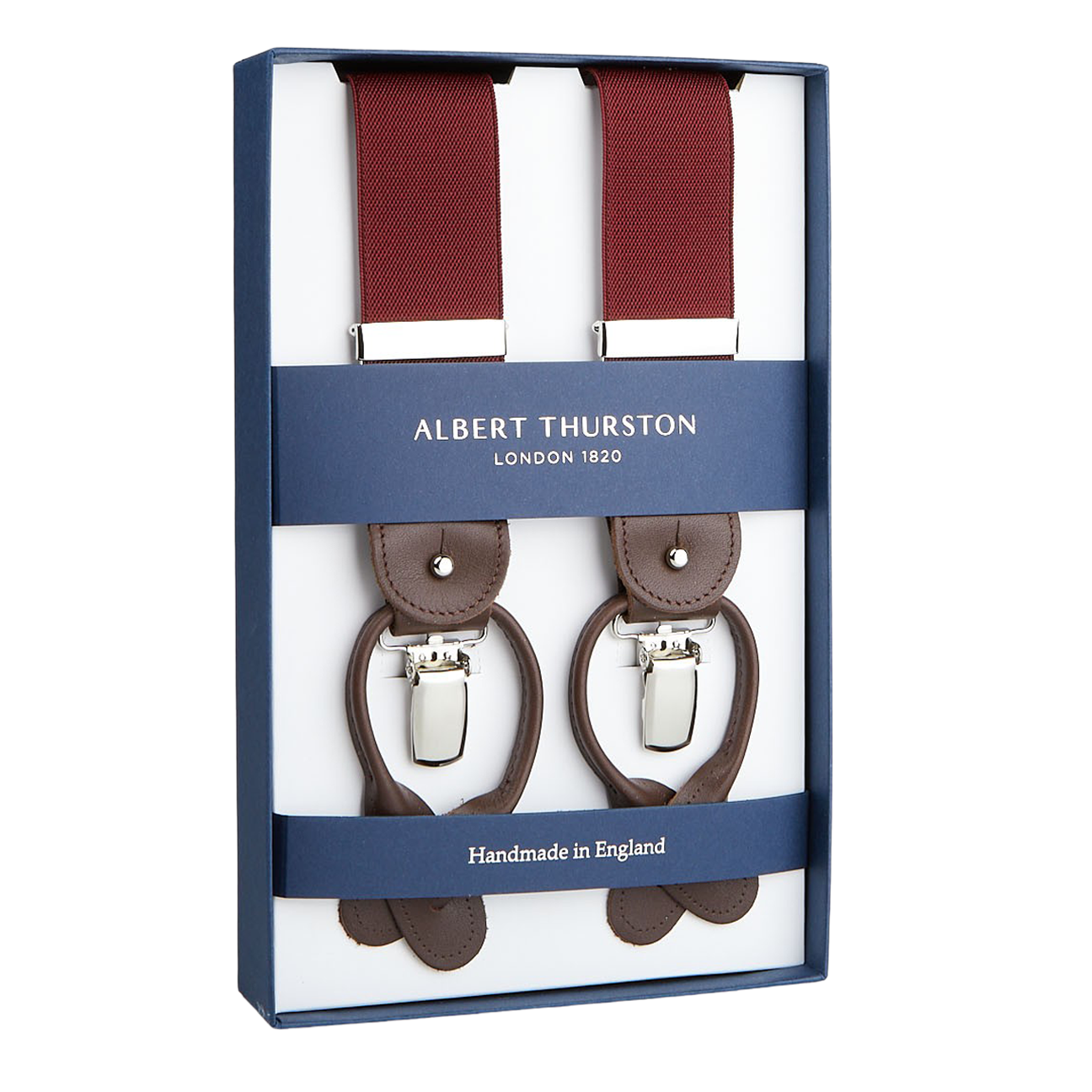 A pair of Albert Thurston Wine Red Nylon Elastic 35mm braces with leather accents, presented in a box.