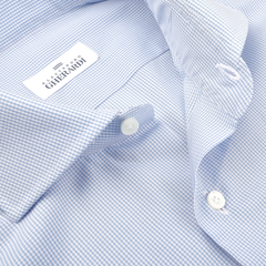 Close-up of Alessandro Gherardi's Blue Gingham Checked Cotton Single Cuff Shirt, featuring a label inside the collar.