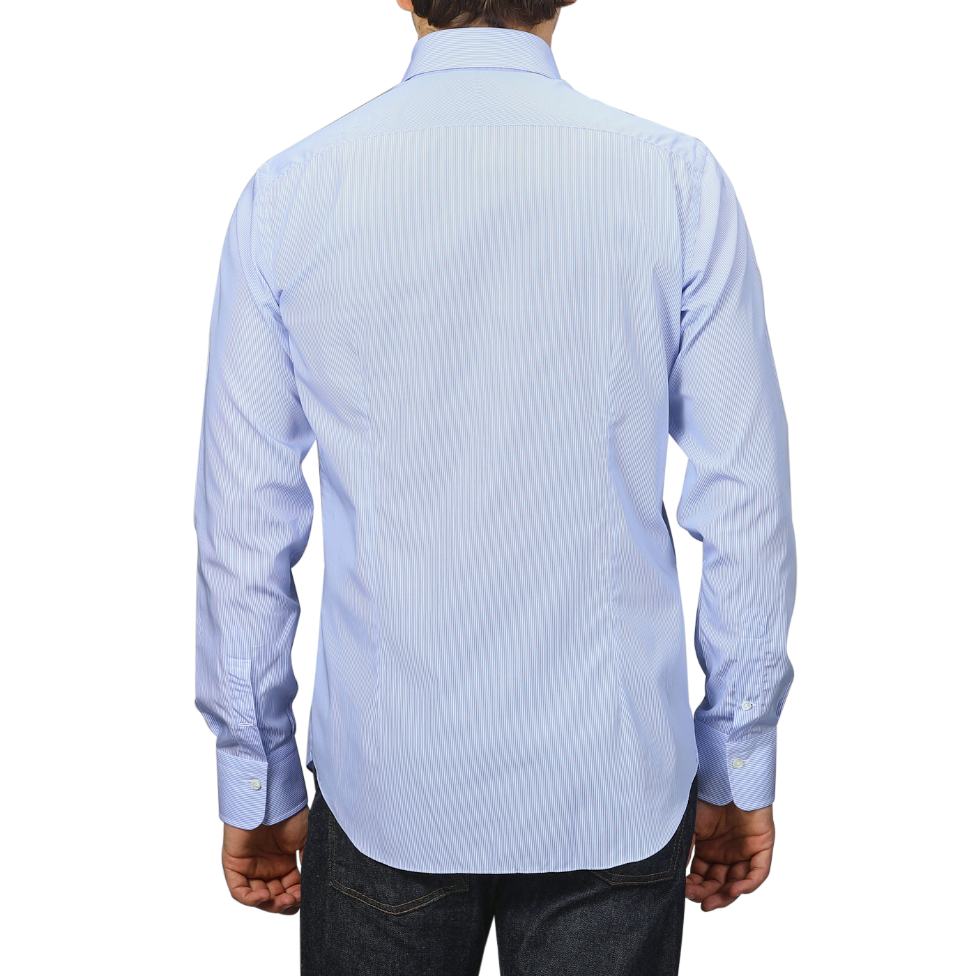 A person wearing an Alessandro Gherardi Blue Thin Striped Cotton Single Cuff Shirt and dark jeans, seen from the back against a plain gray background.