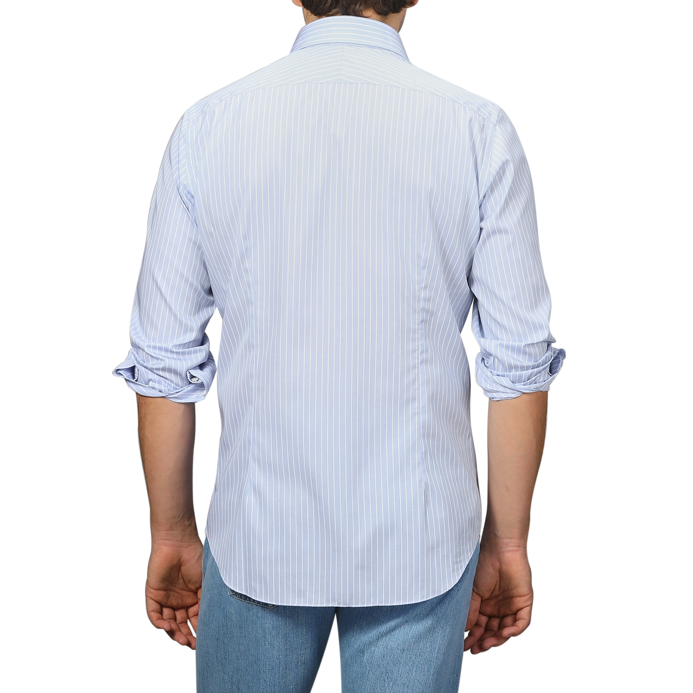 Sporting the Alessandro Gherardi Blue Wide Striped Cotton Single Cuff Shirt with rolled-up sleeves and a cut-away collar, a person pairs it with blue jeans and faces away.