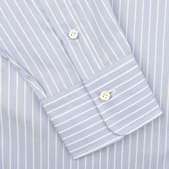 Close-up of the Alessandro Gherardi Blue Wide Striped Cotton Single Cuff Shirt sleeve, showcasing its light blue vertical stripes and buttoned cuffs design.