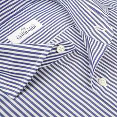 Close-up of a dark blue-striped formal shirt with a label that reads "Alessandro Gherardi." This pure cotton Dark Blue Striped Cotton Single Cuff Shirt by Alessandro Gherardi features buttons and a neatly folded collar.