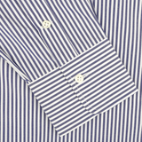 Close-up of an Alessandro Gherardi Dark Blue Striped Cotton Single Cuff Shirt sleeve, showcasing a buttoned cuff and made from pure cotton.