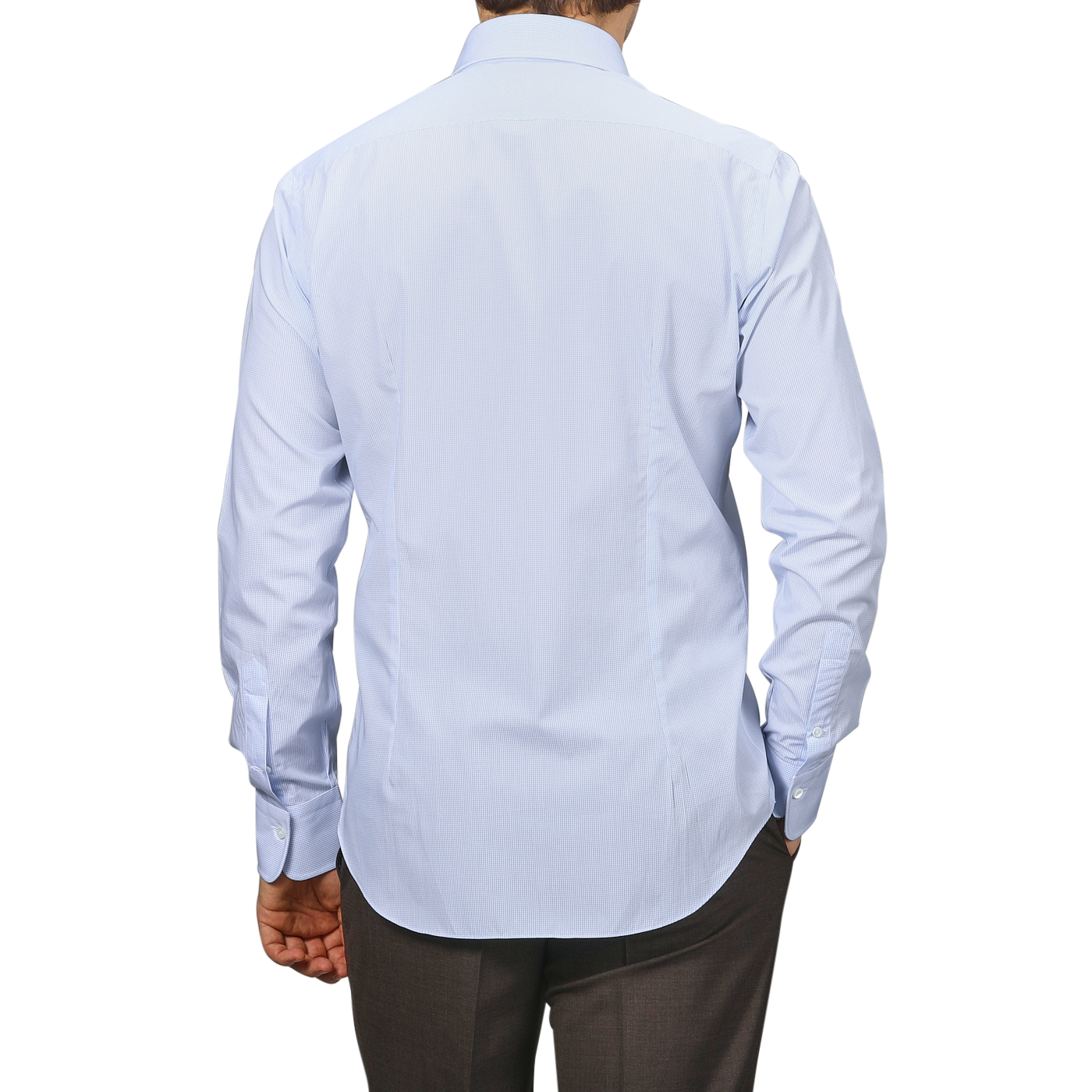 A man is shown from the back wearing an Alessandro Gherardi Light Blue Grid-Checked Cotton Single Cuff Shirt and brown pants against a plain background.