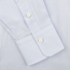 Close-up of the Alessandro Gherardi Light Blue Grid-Checked Cotton Single Cuff Shirt, showcasing its formal charm.