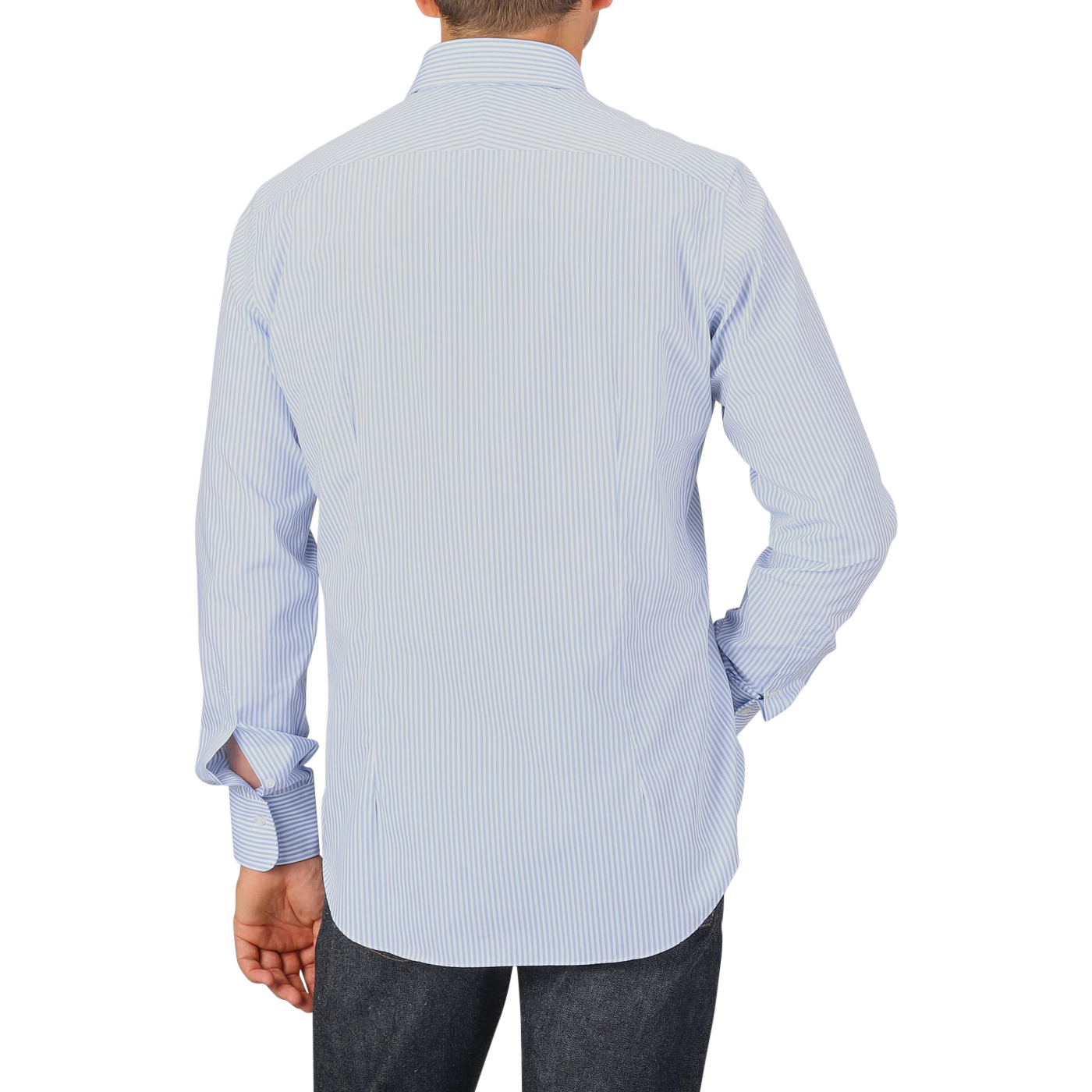 A person wearing an Alessandro Gherardi Light Blue Striped Cotton Single Cuff Shirt and dark jeans, shown from the back against a plain background.