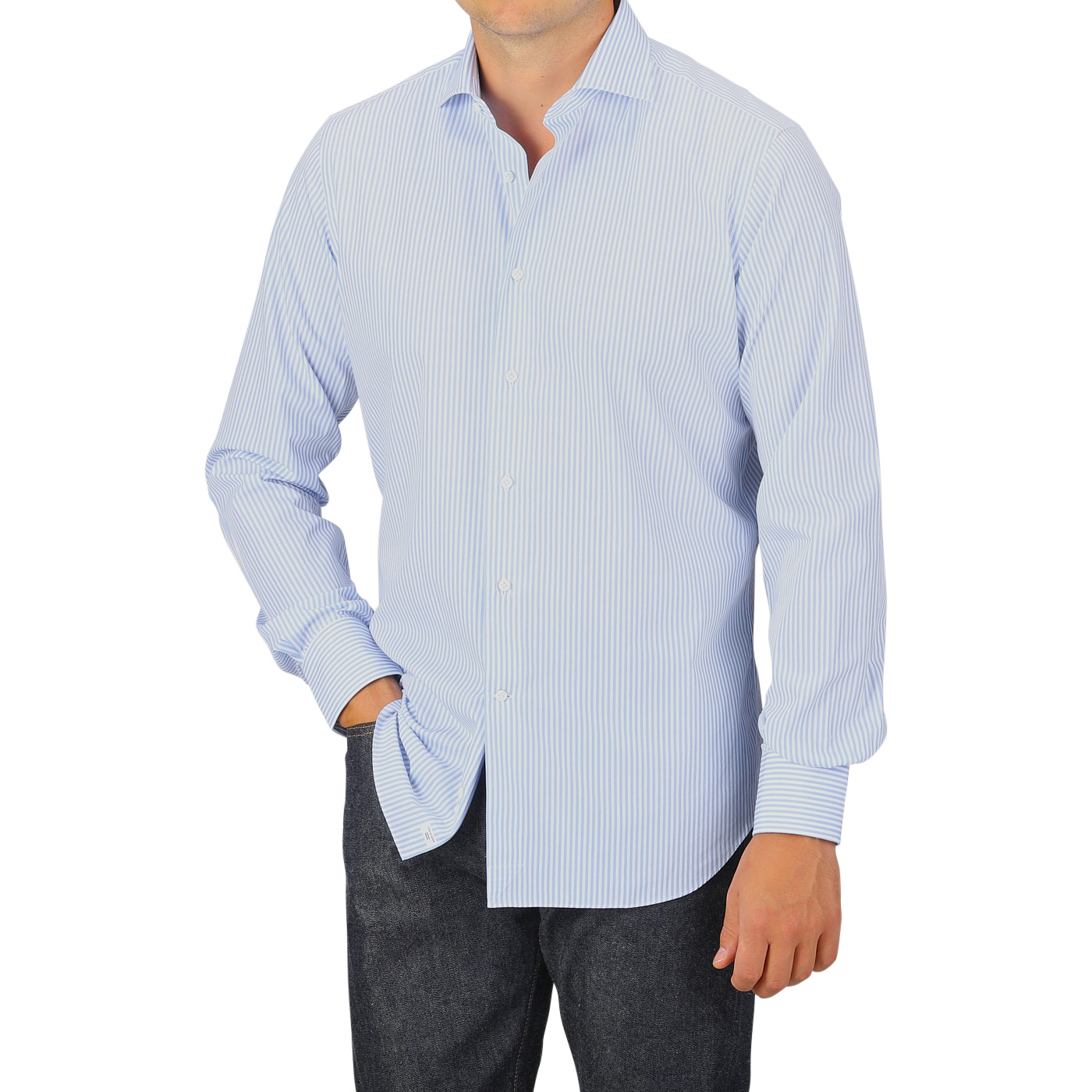 Person wearing an Alessandro Gherardi Light Blue Striped Cotton Single Cuff Shirt and dark pants, standing against a plain gray background.