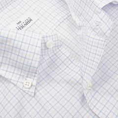 Close-up of a white and light blue checkered button-down formal shirt with a collar, crafted from pure cotton. This men's Pink Blue Gingham Checked Cotton BD Shirt features an Alessandro Gherardi label.