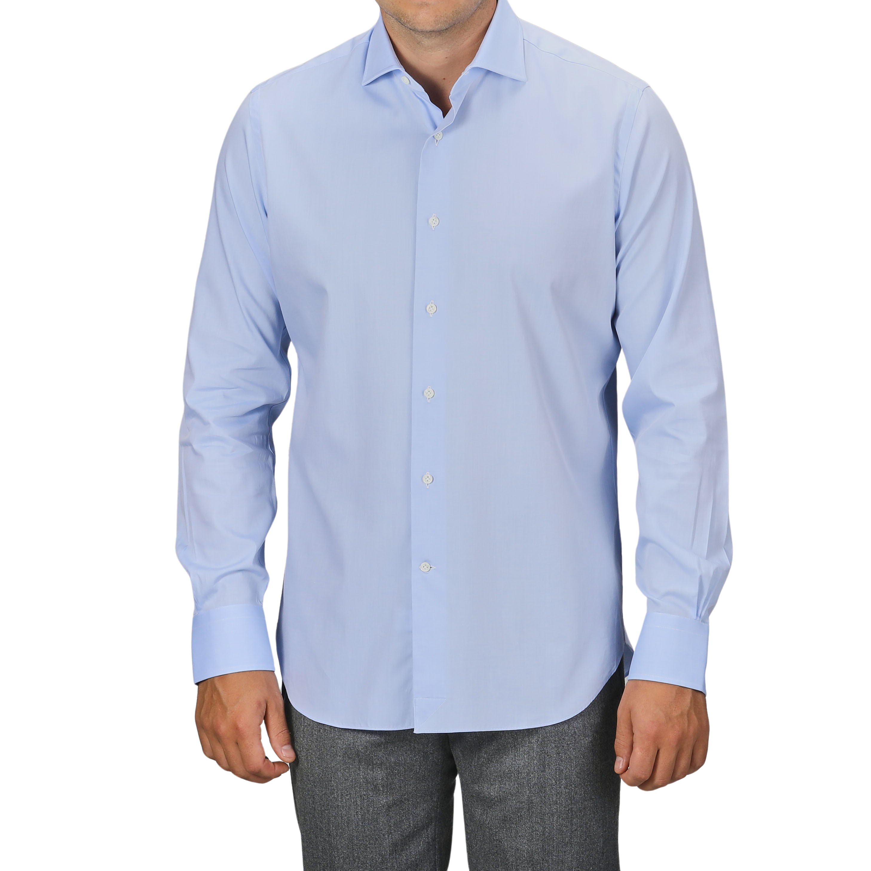 A person wearing an Alessandro Gherardi Sky Blue Cotton Twill Single Cuff Shirt and gray pants. The background is plain and not visible.