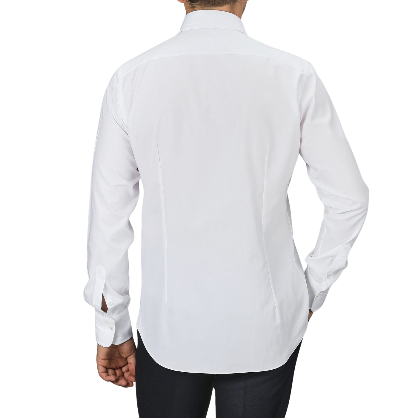 A person wearing an Alessandro Gherardi White Cotton Twill Single Cuff Shirt and black pants, viewed from the back against a plain gray background.